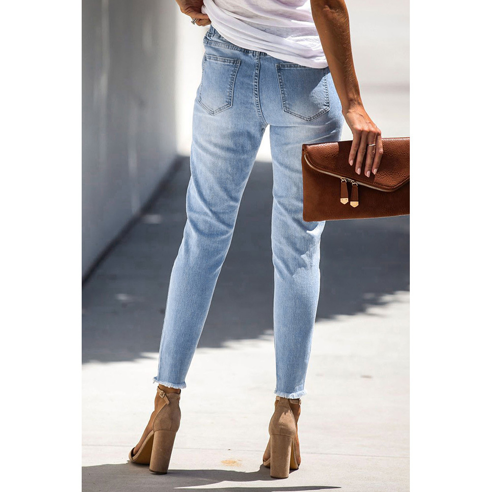High Waisted Womens Denim Jeans Elastic Waist Drawstring Knee Ripped Frayed Hem Skinny Fit Casual Spring Fall
