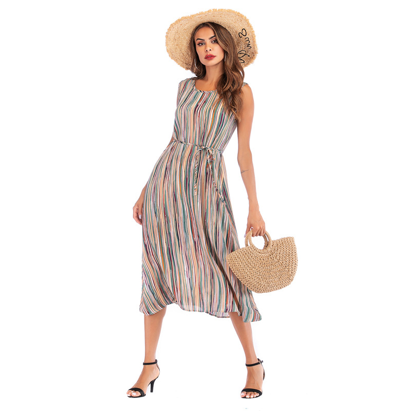 Sleeveless Round Neck Colorful Striped Print Dress Summer Fashion Casual Style Comfortable Fit Wholesale Available