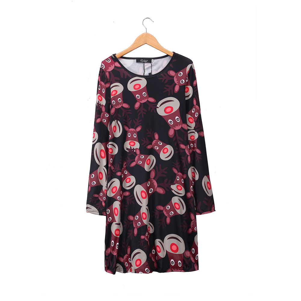 A Line Dress Cartoon Reindeer Print Round Neck Long Sleeve Winter Holiday Wear Wholesale Available
