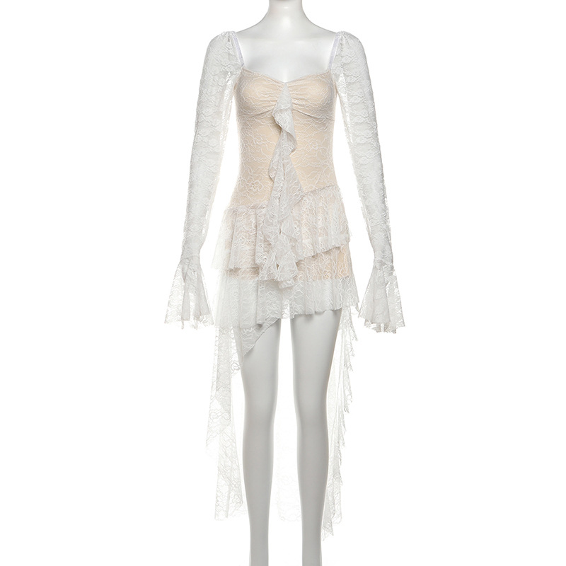 European and American Winter New Women's Fashion Sexy Flare Sleeve Lace Patchwork Irregular Mini Dress with Ties