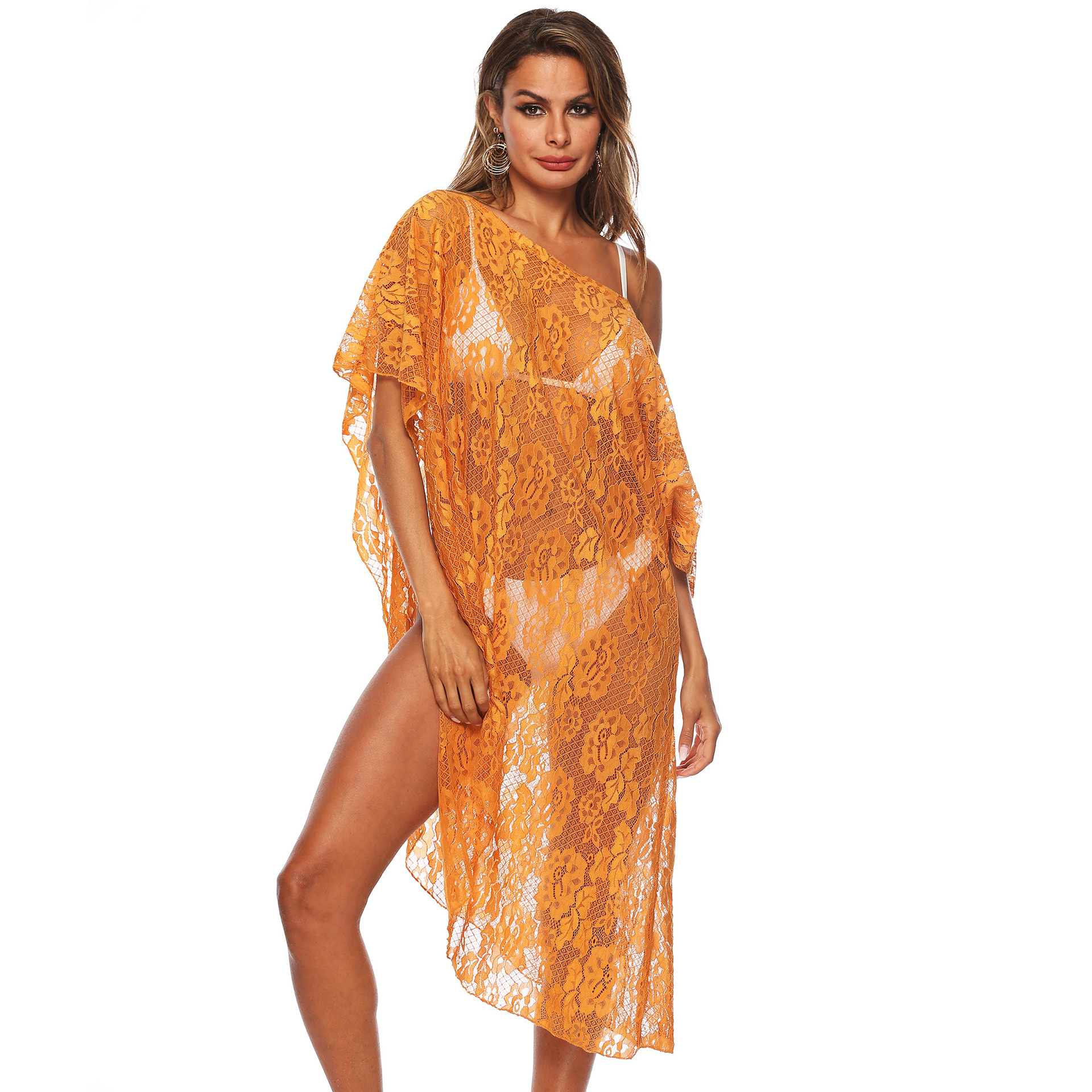Sheer Lace Beach Cover Up Dress Irregular Asymmetrical Design Sexy Style Lightweight Fabric Summer Swimwear