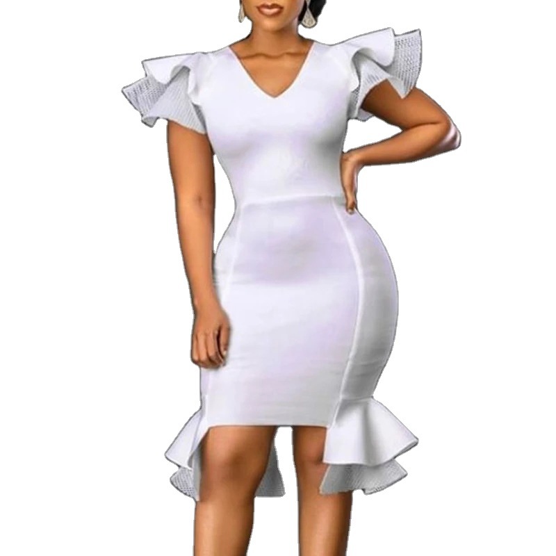 Women's Slim Fit V-Neck Ruffle High Waist Party Bodycon Dress