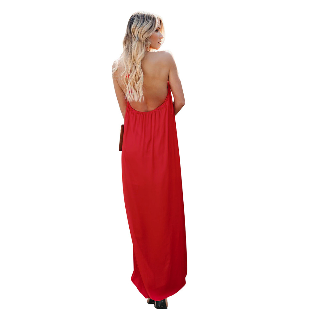 Summer Womens Maxi Dress Color Block Wave Print Backless Design Perfect for Beach Parties or Casual Outings