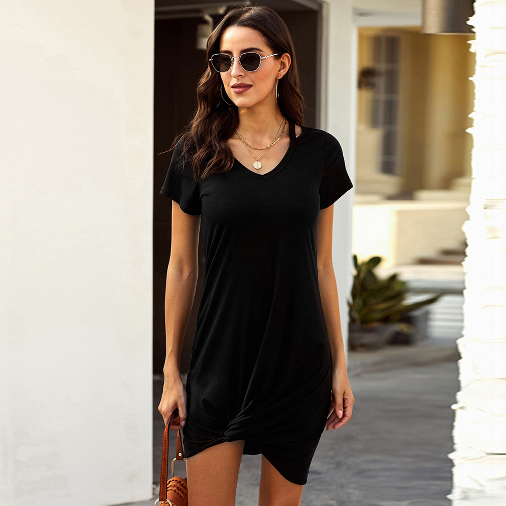 Summer Casual Solid Color Loose T Shirt Dress Short Sleeve V Neck Asymmetrical Hem Versatile for Daily Wear