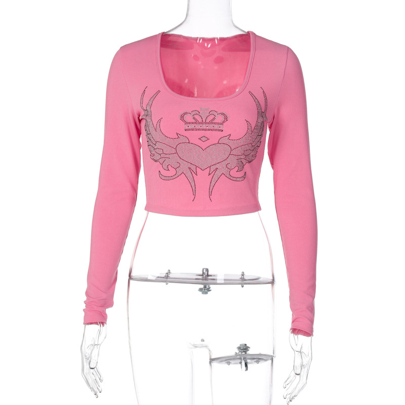 Fashionable Womens Long Sleeve Top U Neck Slim Fit Rhinestone Detail Summer Style for Trendy Looks Wholesale