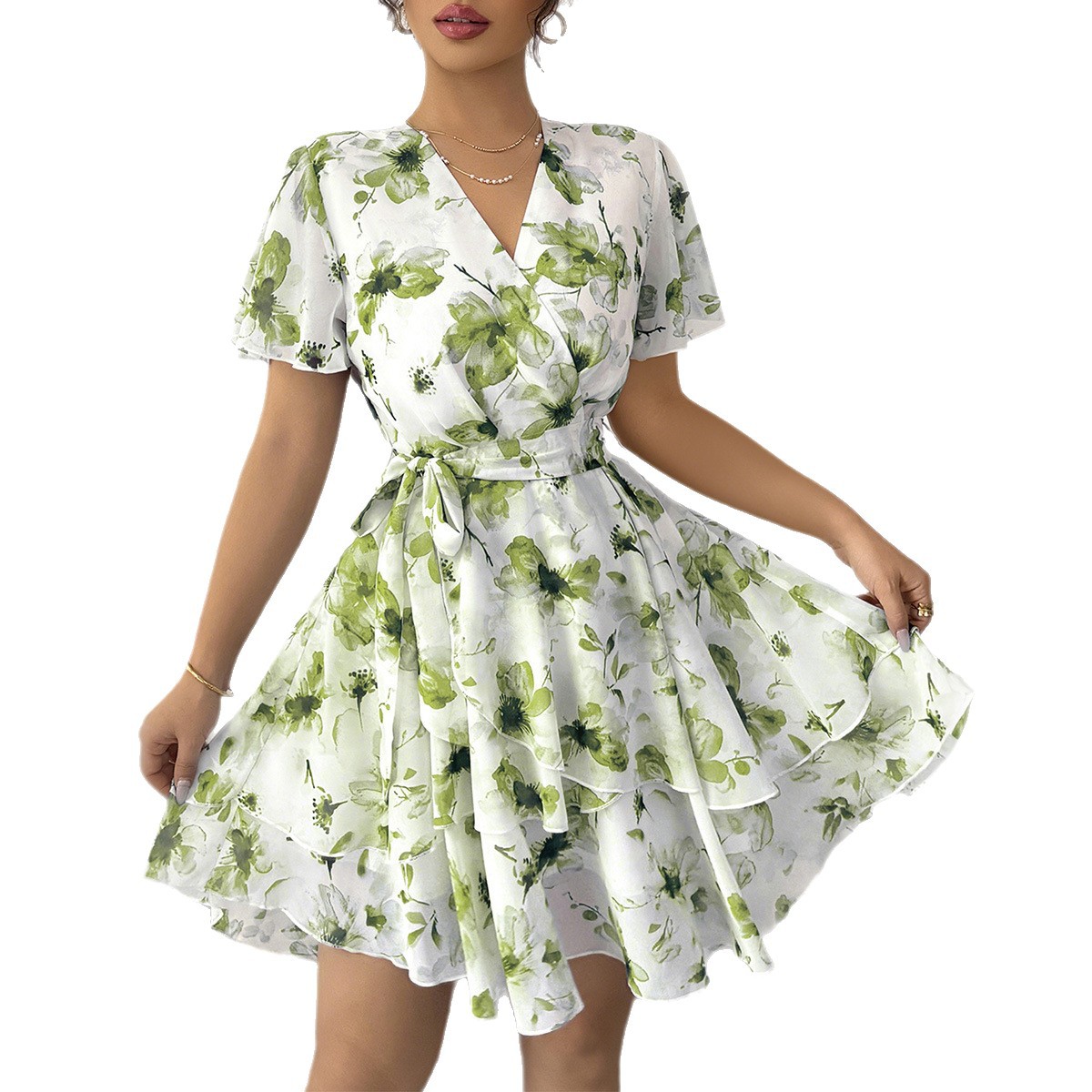Casual Vacation Printed Short Sleeve Cake Skirt Half Skirt Dress Women's Wear Spring Summer