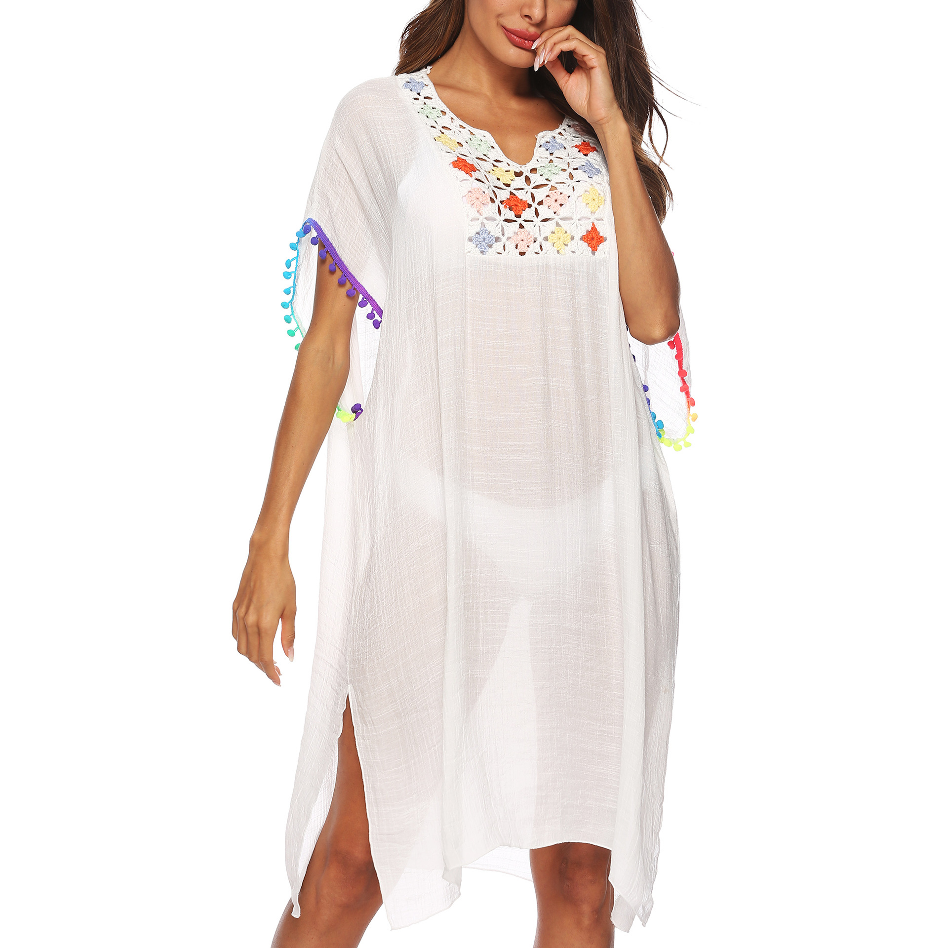 Loose Fit Crochet Lace Trim Tassel Beach Cover Up Dress Lightweight Bohemian Style Summer Wear Wholesale Available