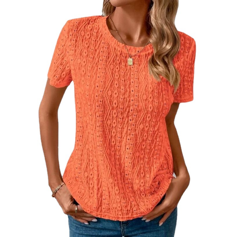 Womens Summer T Shirt Comfortable Fresh Sweet Hollow out Design Round Neck Short Sleeve Casual Wear