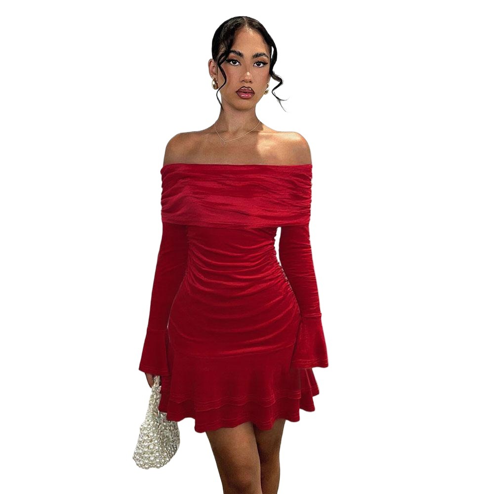 Cross border European and American Autumn Winter New Velvet Sexy Off shoulder Ruffle Long Sleeve Bodycon Dress for Women