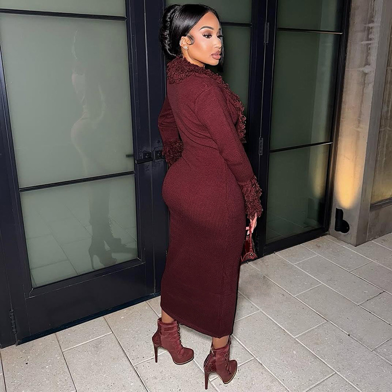 European and American Cross border Autumn and Winter New Women's Fringed Long Sleeve Sexy Deep V neck Solid Color Knitted Bodycon Dress