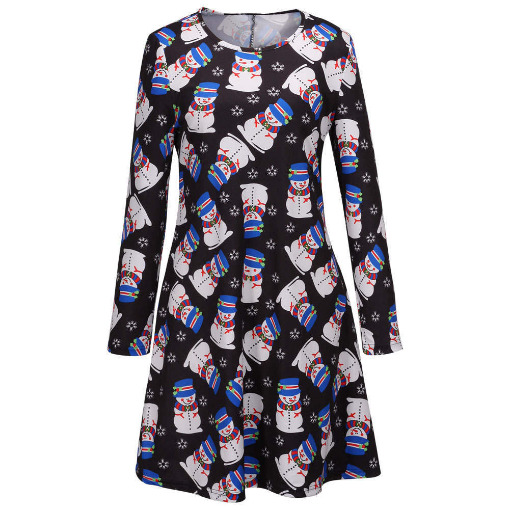 A Line Dress Cartoon Reindeer Print Round Neck Long Sleeve Winter Holiday Wear Wholesale Available