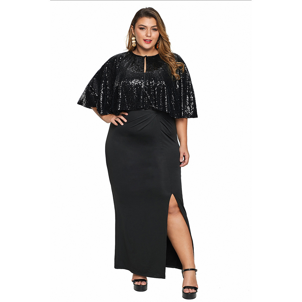 Plus Size Womens Long Sleeve Sequin Cape Dress Set Elegant Split Design Perfect for Autumn Events Wholesale Available