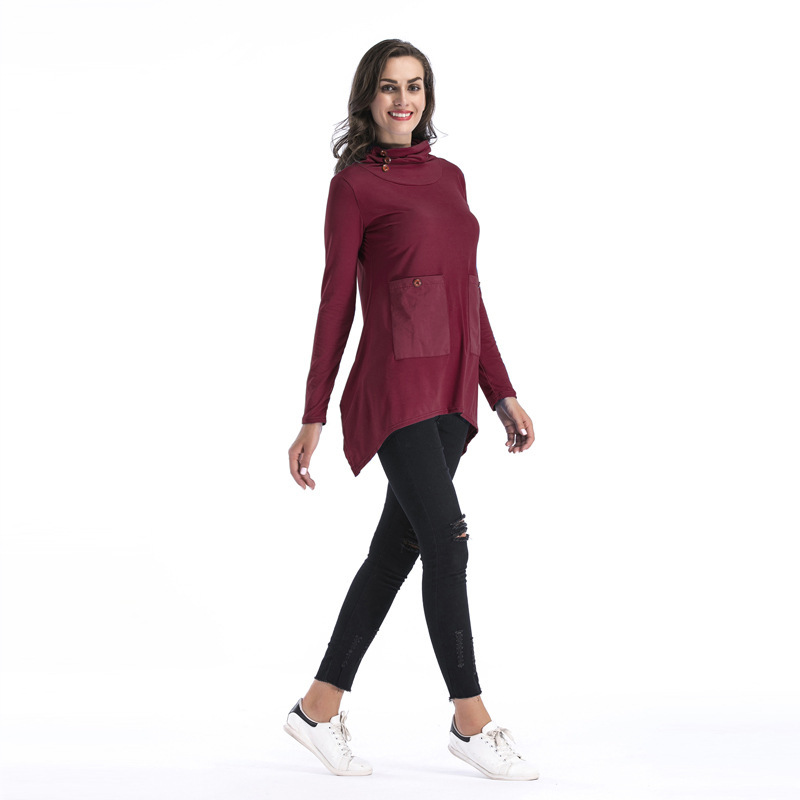Womens Long Sleeve Pocket T Shirt Solid Color Irregular Hem Mid Length Casual Wear for Spring Wholesale Available
