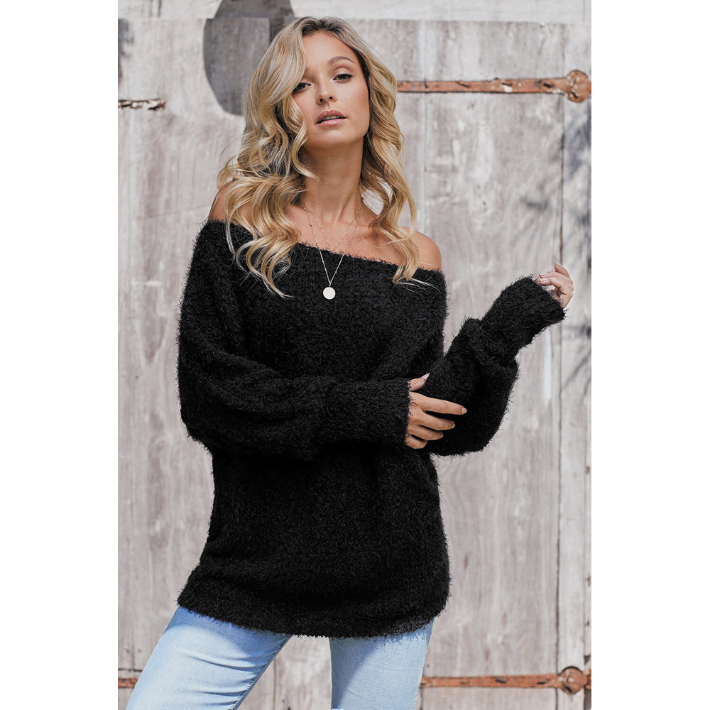 Off Shoulder Long Sleeve Knit Sweater for Women Solid Color Loose Fit Warm Wool Blend Autumn Winter Casual Wear