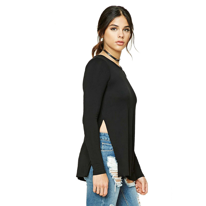 Womens Long Sleeve T Shirt Slim Fit Solid Color Side Slit Design Perfect for Early Spring Casual Wear Wholesale