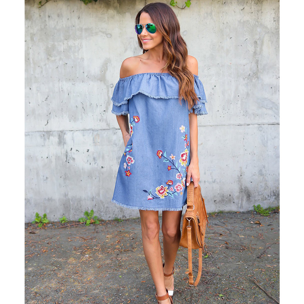Embroidered Denim Dress Loose Fit Off Shoulder Ruffle Sleeve Spring Fashion Casual Wear Wholesale Available