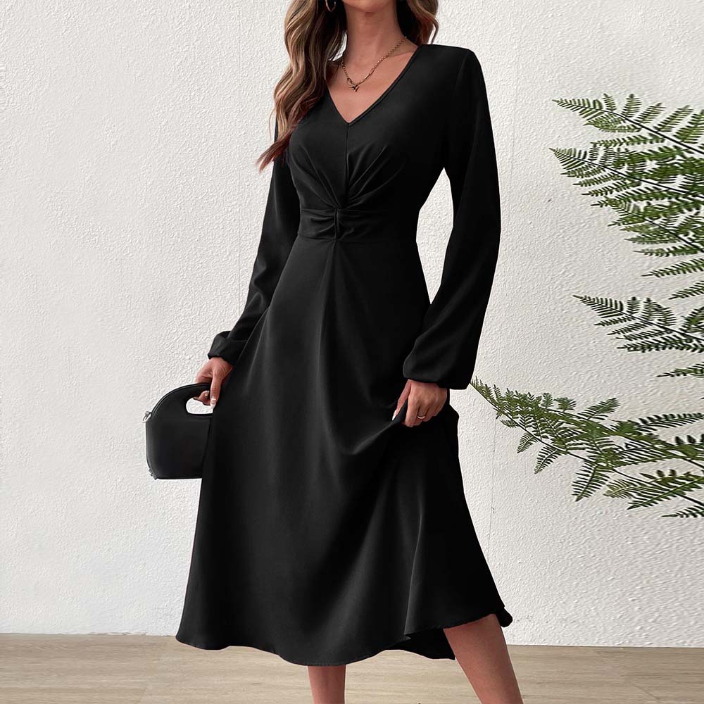 French Style V Neck Midi Dress Elegant A Line Silhouette High Waist Autumn Winter Fashion Wholesale Available
