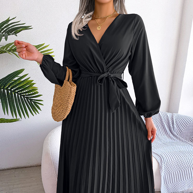 Summer Casual High Waist Pleated Dress Solid Color V Neck Cross Back Design Perfect for Outdoor Events Wholesale