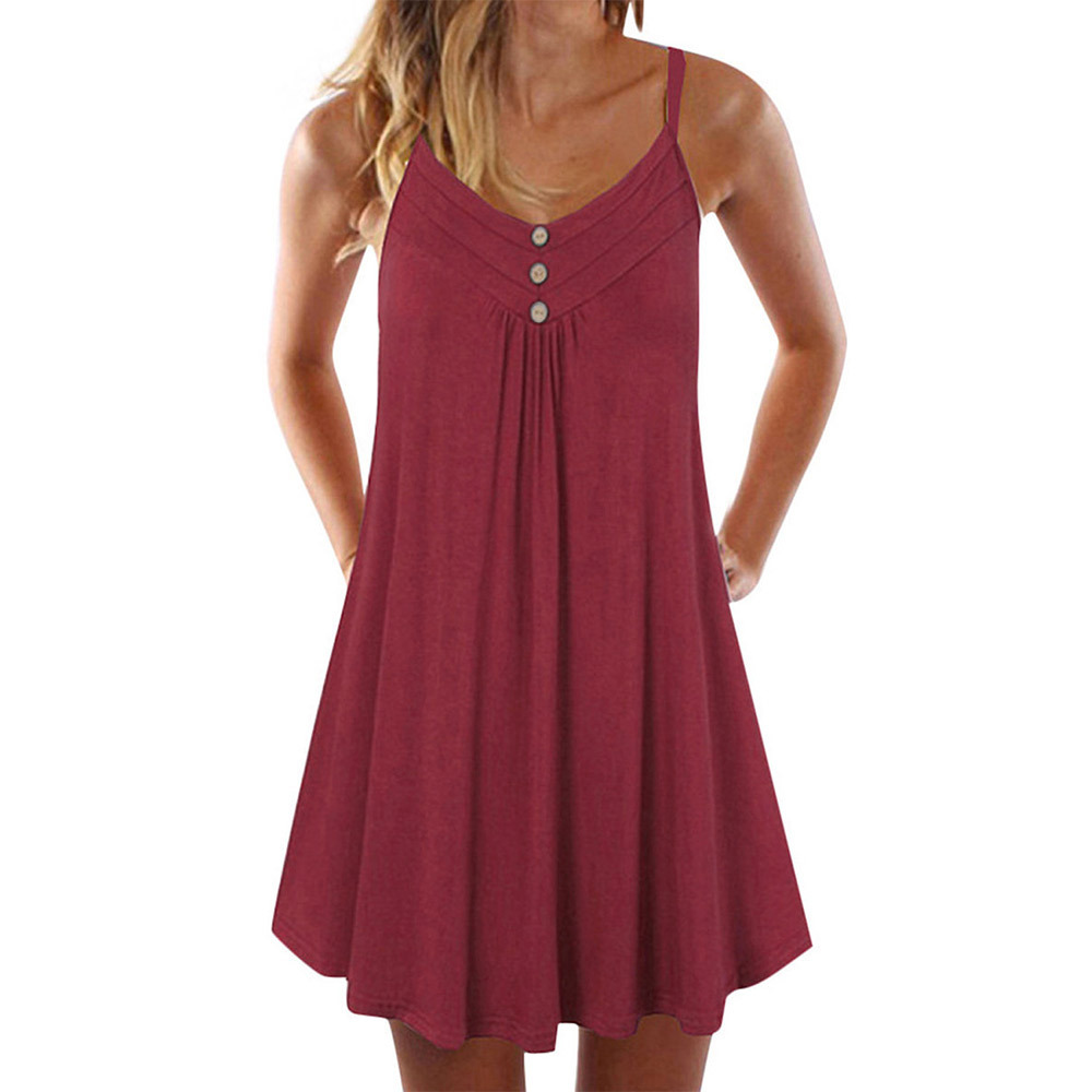Sleeveless V Neck A Line Dress Solid Color Loose Fit Button Detail Casual Summer Wear Wholesale Available