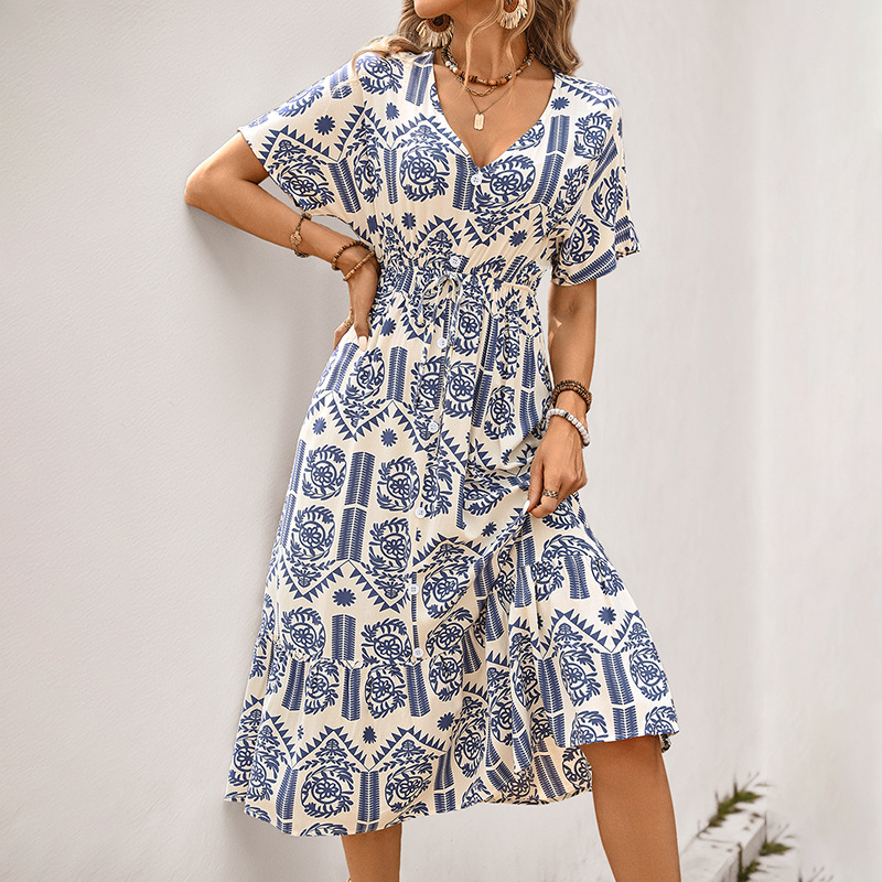 Summer New Casual Vacation Short Sleeve V Neck Ethnic Style Printed Dress