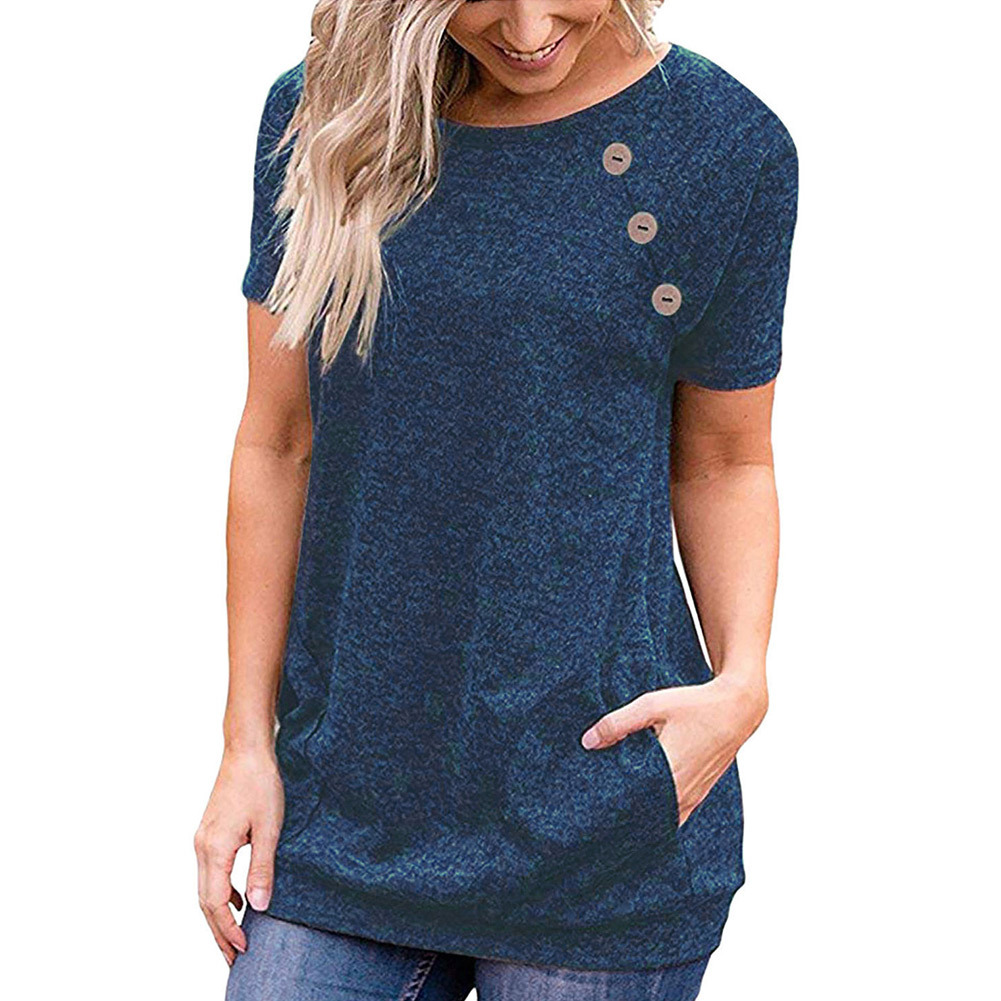 Womens Summer T Shirt Casual Round Neck Pocket Button Detail Short Sleeve Perfect for Everyday Wear Wholesale