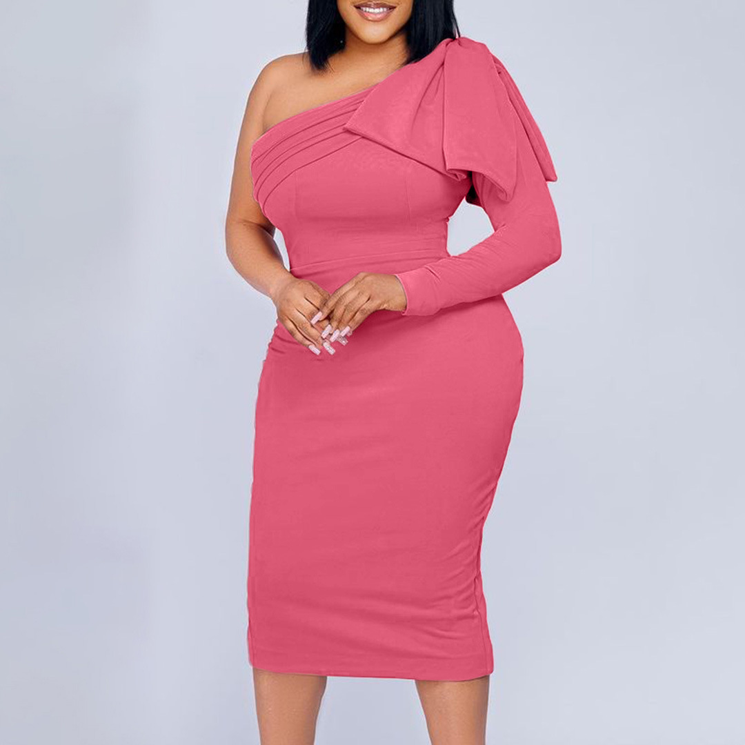 Plus Size Women's Dress — New Arrival, Asymmetrical Neckline, Solid Color, Fashionable, Bodycon Style — Casual Wear — Wholesal