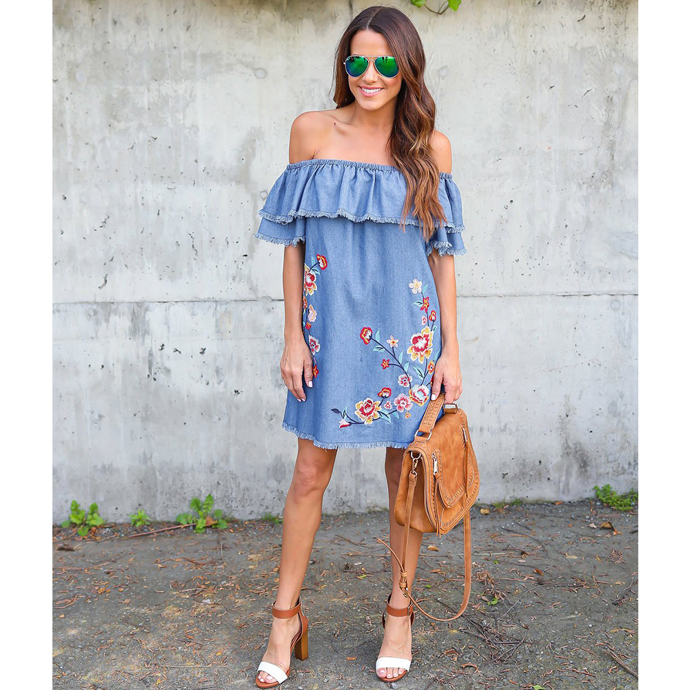 Embroidered Denim Dress Loose Fit Off Shoulder Ruffle Sleeve Spring Fashion Casual Wear Wholesale Available