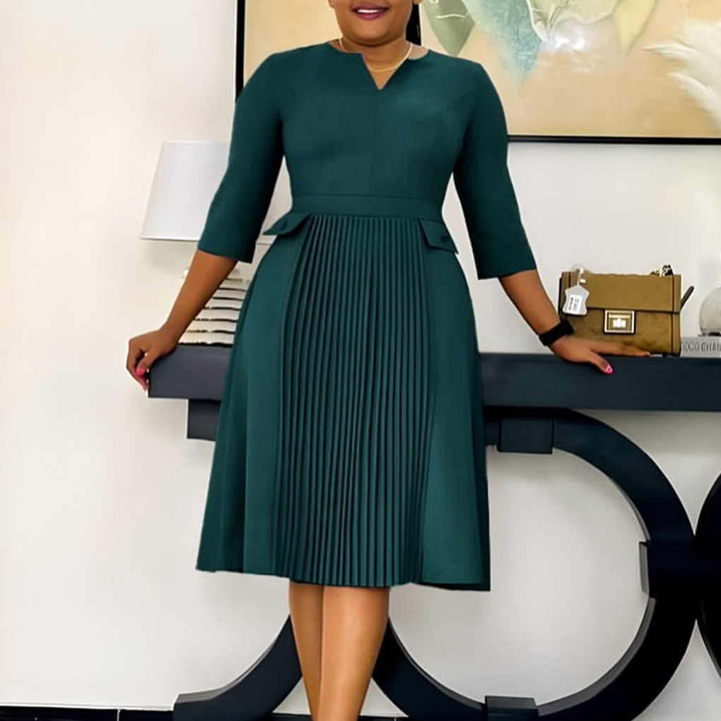 Plus Size Fashion Dress for Women, Solid Color, 3 4 Sleeve, Pleated Design, African Style, Cross Border Clothing, Wholesale