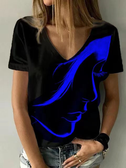 V Neck Printed Short Sleeve T Shirt for Women Casual Style Lightweight Fabric Trendy Design Wholesale Available