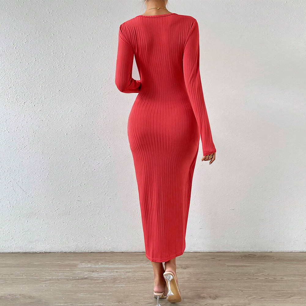 Autumn Winter New Elegant Commuter Sexy Slit Bodycon Solid Color Dress