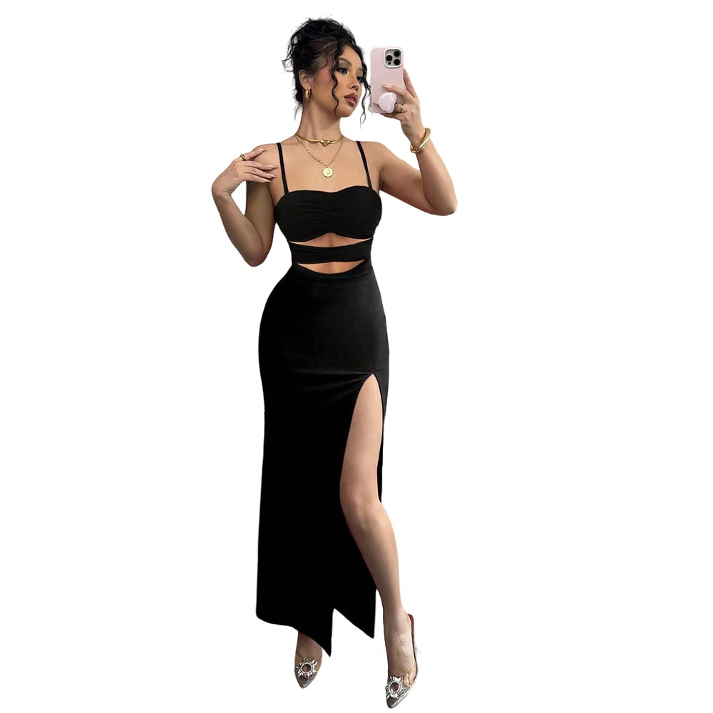 New European and American Style Women's Hollow Sexy Strap Dress Summer Simple Black Banquet Long Dress