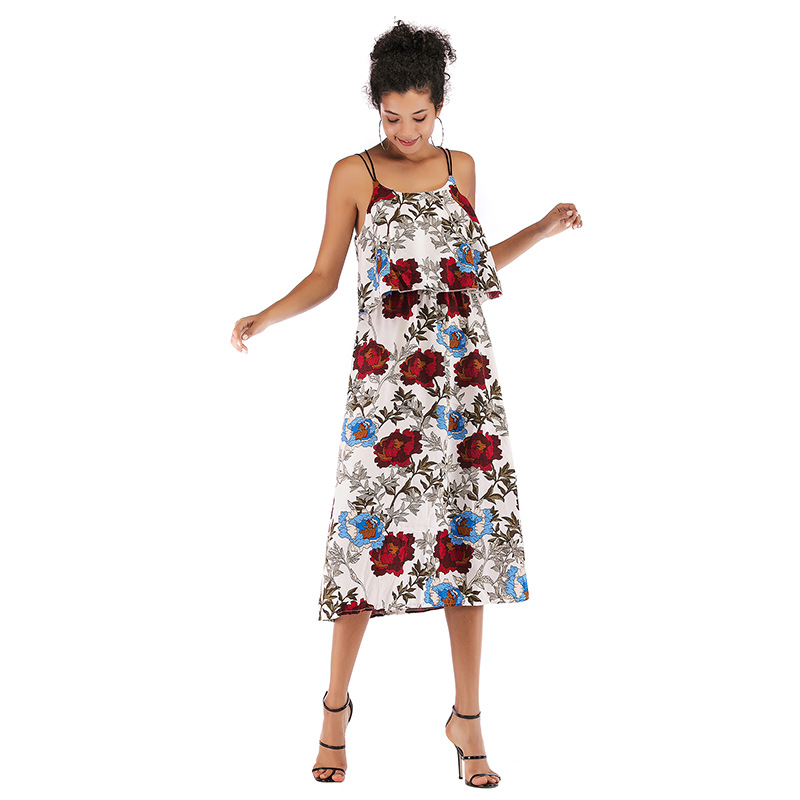 Summer Womens Dress Slim Fit Backless Waist Cinching Fresh Floral Print Chiffon Fabric Perfect for Casual
