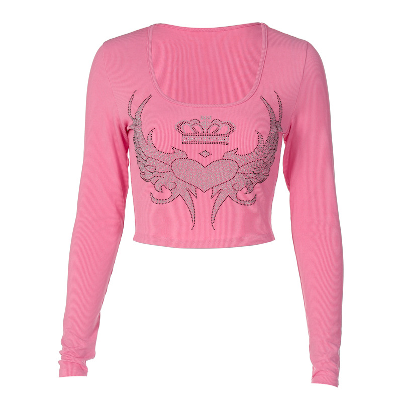Fashionable Womens Long Sleeve Top U Neck Slim Fit Rhinestone Detail Summer Style for Trendy Looks Wholesale