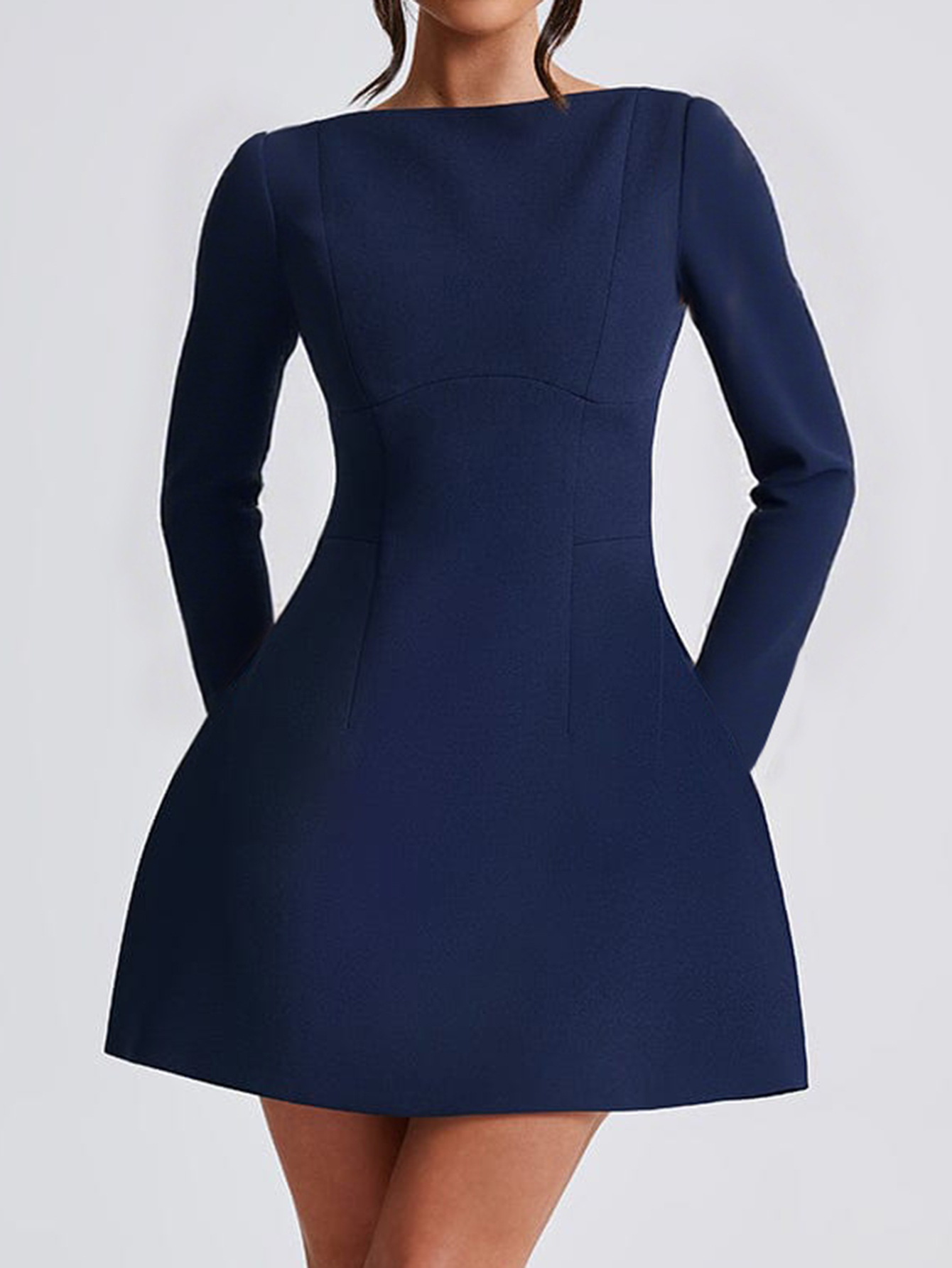 Elegant Solid Color Long Sleeve Short Dress for Women Autumn Winter