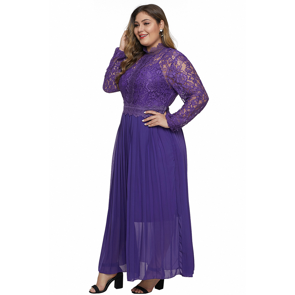 Plus Size High Neck Lace Hollow Out Long Sleeve Dress Elegant Design High Waist Perfect for Spring and Autumn