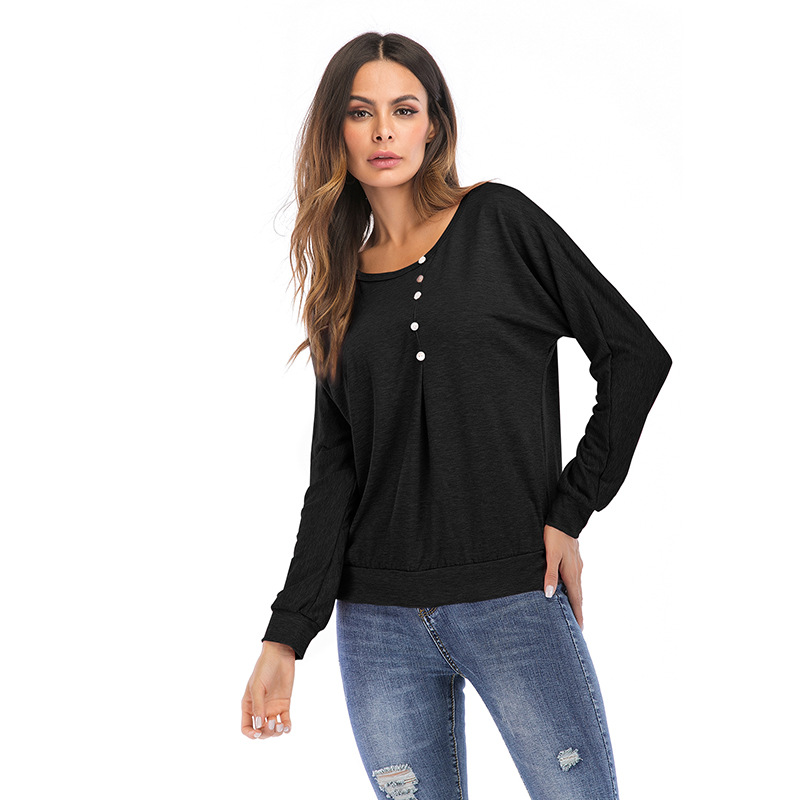 Womens Long Sleeve T Shirt Loose Fit Solid Color Button Detail Casual Wear for Everyday Use Wholesale Available