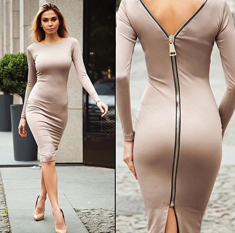 Knee Length Knitted Dress Sexy Back Zipper Long Sleeve Comfortable Fabric Nightclub Wear Ready to Ship
