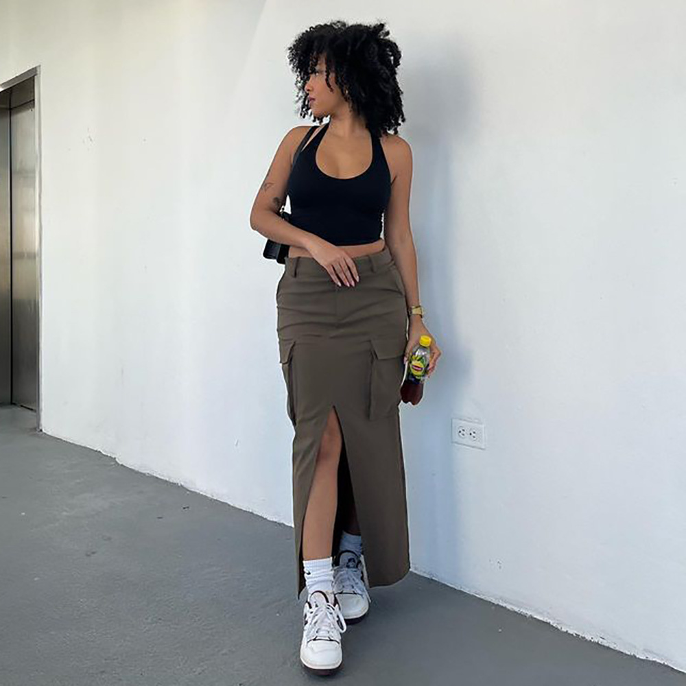 Casual Womens Midi Skirt Solid Color Split Hem Large Pockets Fashionable for Everyday Wear Wholesale Available