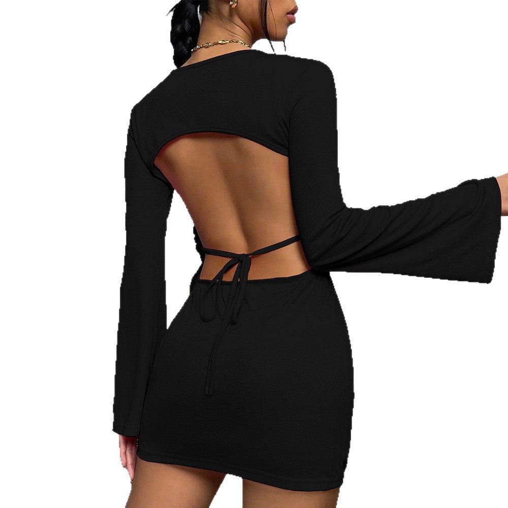 New Sexy Backless Round Neck Pullover Bell Sleeve Bodycon Dress Long Sleeve