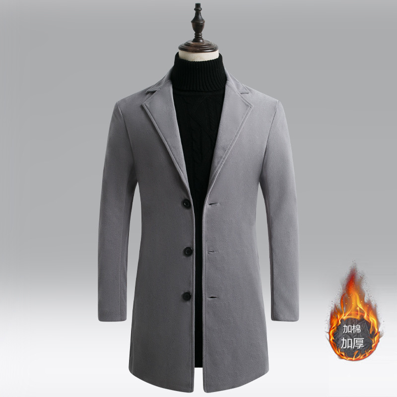 Men's Woolen Coat Autumn and Winter Korean Slim Fit Cotton Padded Mid Length Trench Coat