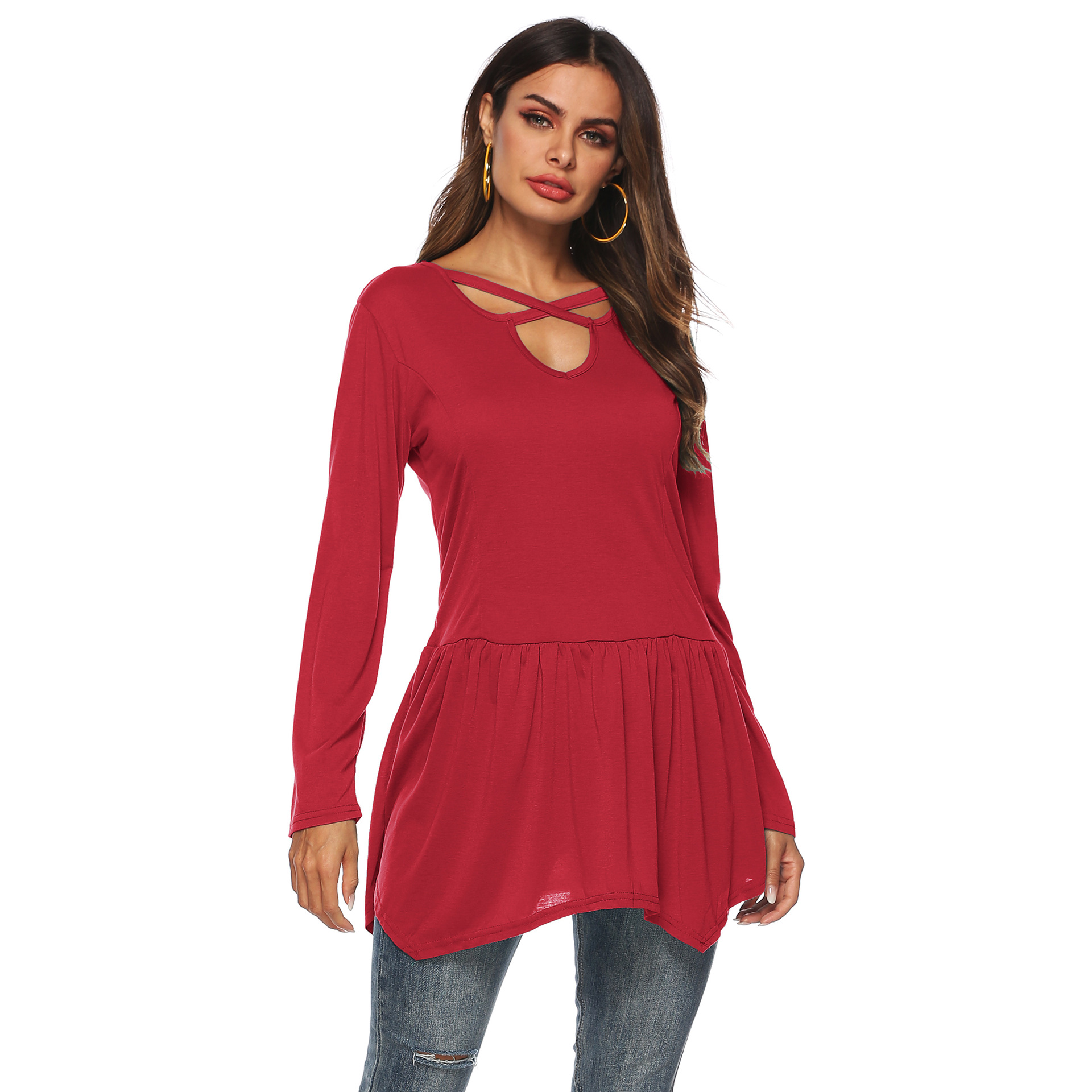 Womens Long Sleeve Cross Neck Solid Color Ruffle Hem T Shirt Casual Style Versatile Layering Wholesale Available