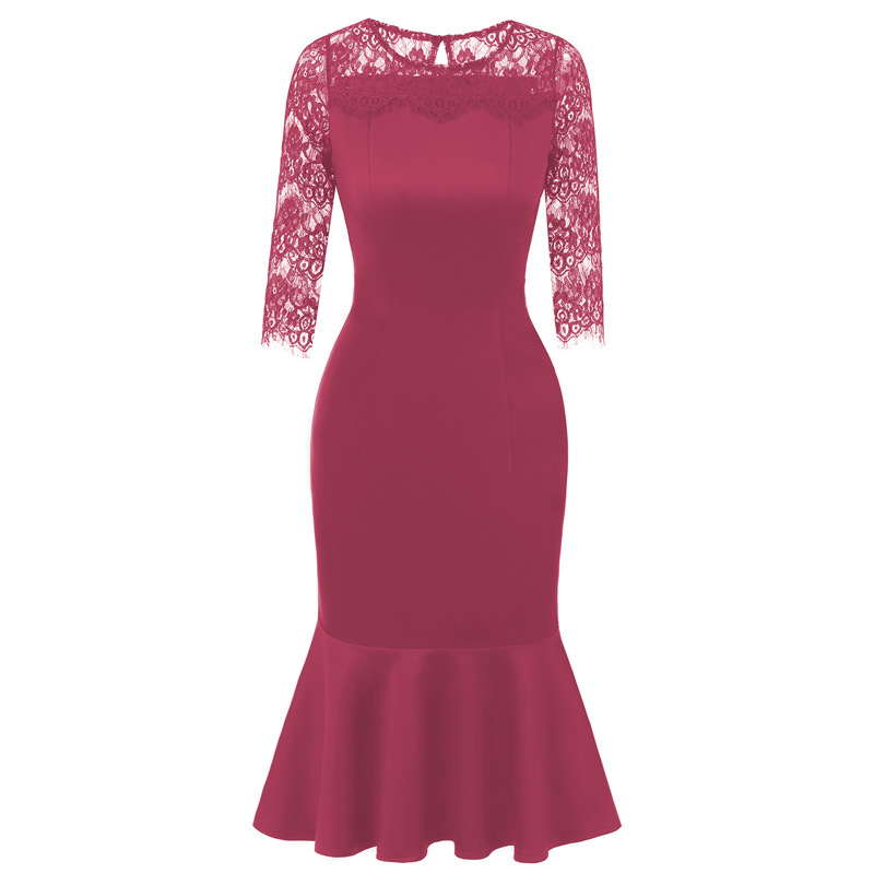 Elegant Lace Mermaid Dress Slim Fit Three Quarter Sleeve Autumn Fashion Perfect for Parties and Special Occasions