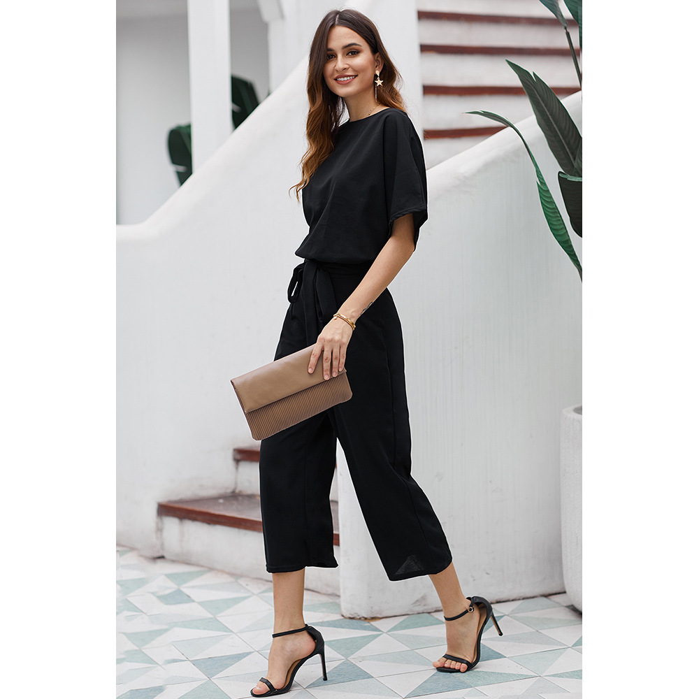 High Waisted Loose Wide Leg Jumpsuit for Women Short Sleeve Solid Color European Style Summer Casual Wear Wholesale