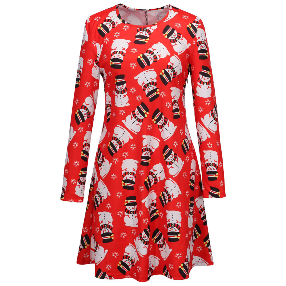 A Line Dress Cartoon Reindeer Print Round Neck Long Sleeve Winter Holiday Wear Wholesale Available