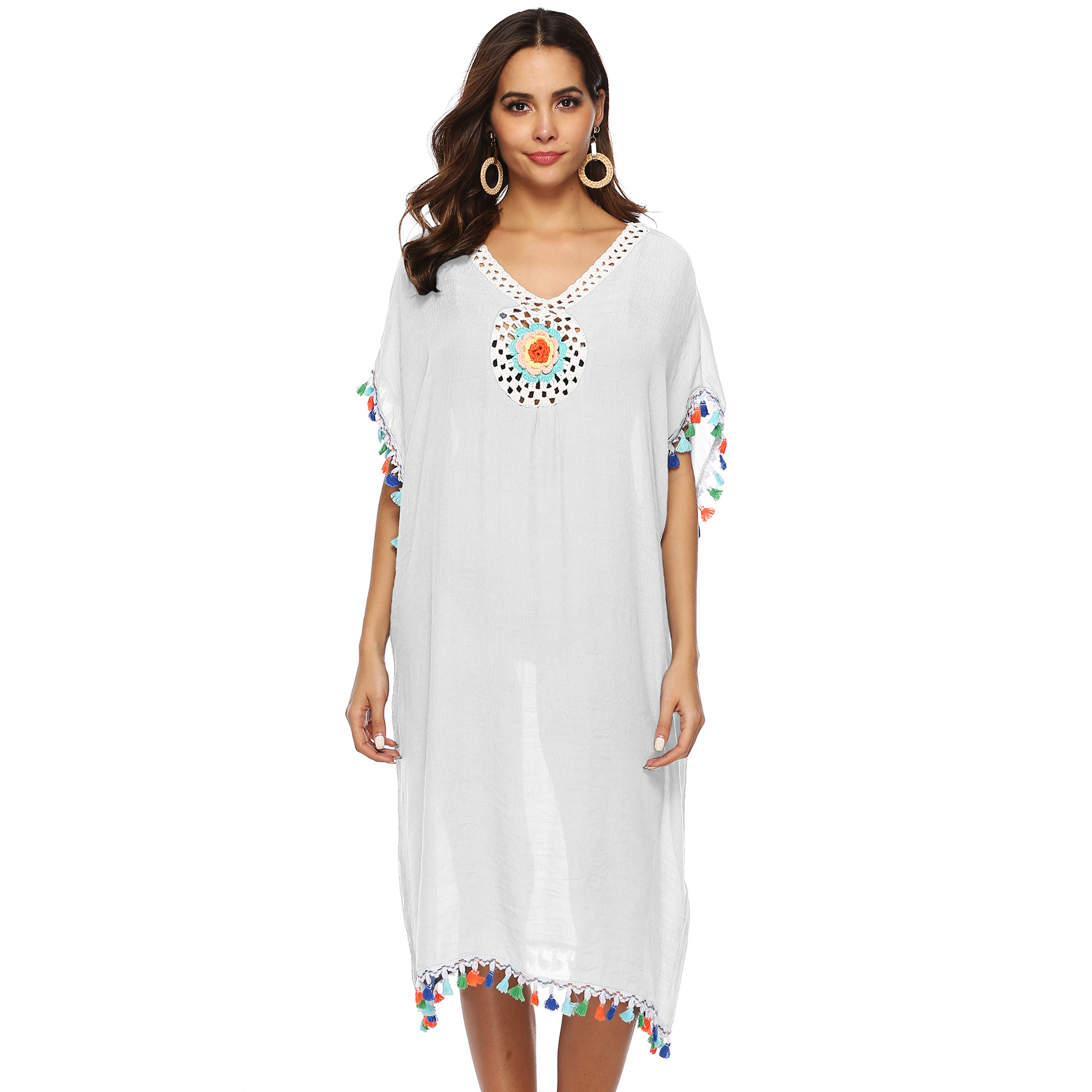 Colorful Tassel Beach Cover Up Dress Hand Crocheted Floral Patchwork Loose Fit Deep V Neck Wholesale Available