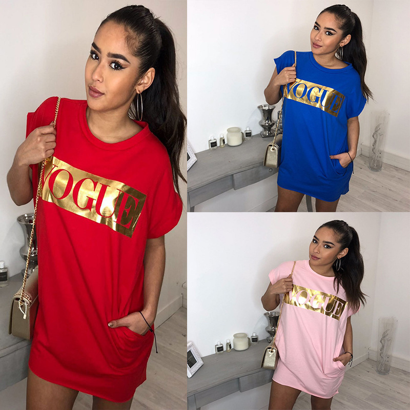 Vogue Print Pocket Dress Short Sleeve Round Neck Casual Style Perfect for Spring and Summer Wholesale Available