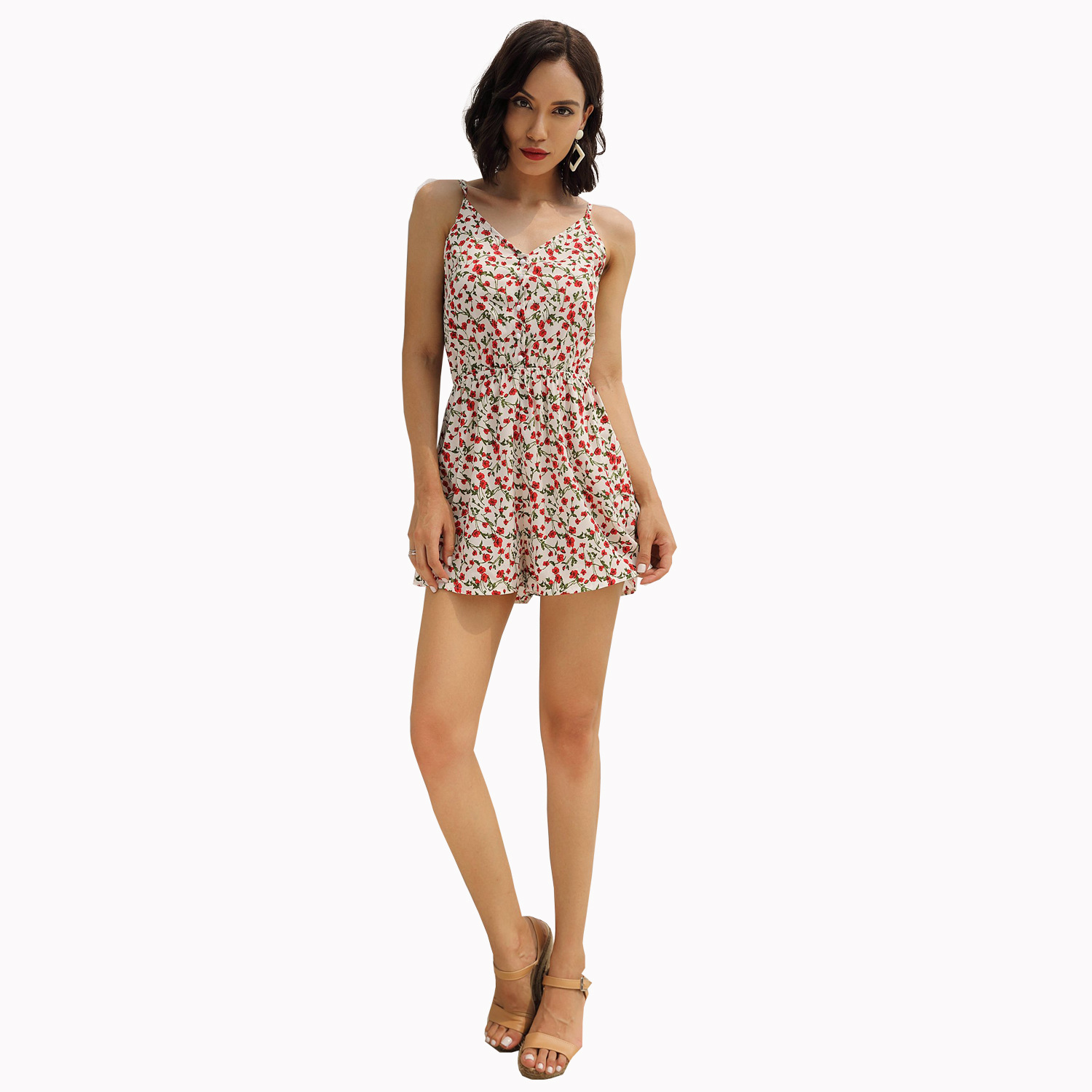 Womens Floral Print Button Down Jumpsuit Casual Sleeveless Design Comfortable Fabric Perfect for Vacation Wholesale