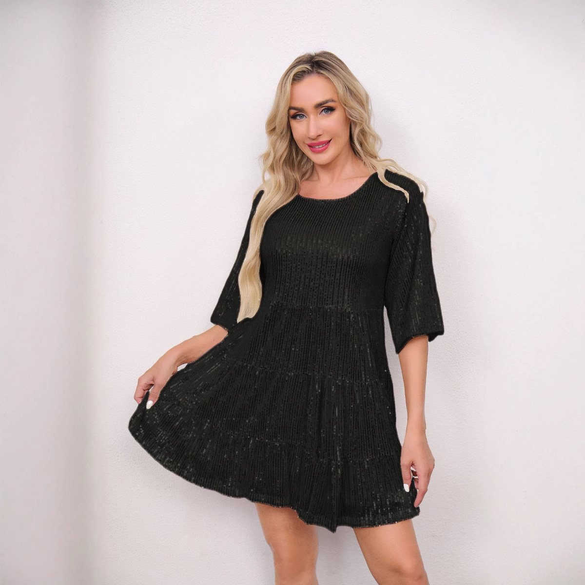 European and American Market Fashionable Solid Color Loose Waist Short Sleeve Mini Dress — Sparkling Sequins, Elegant Design