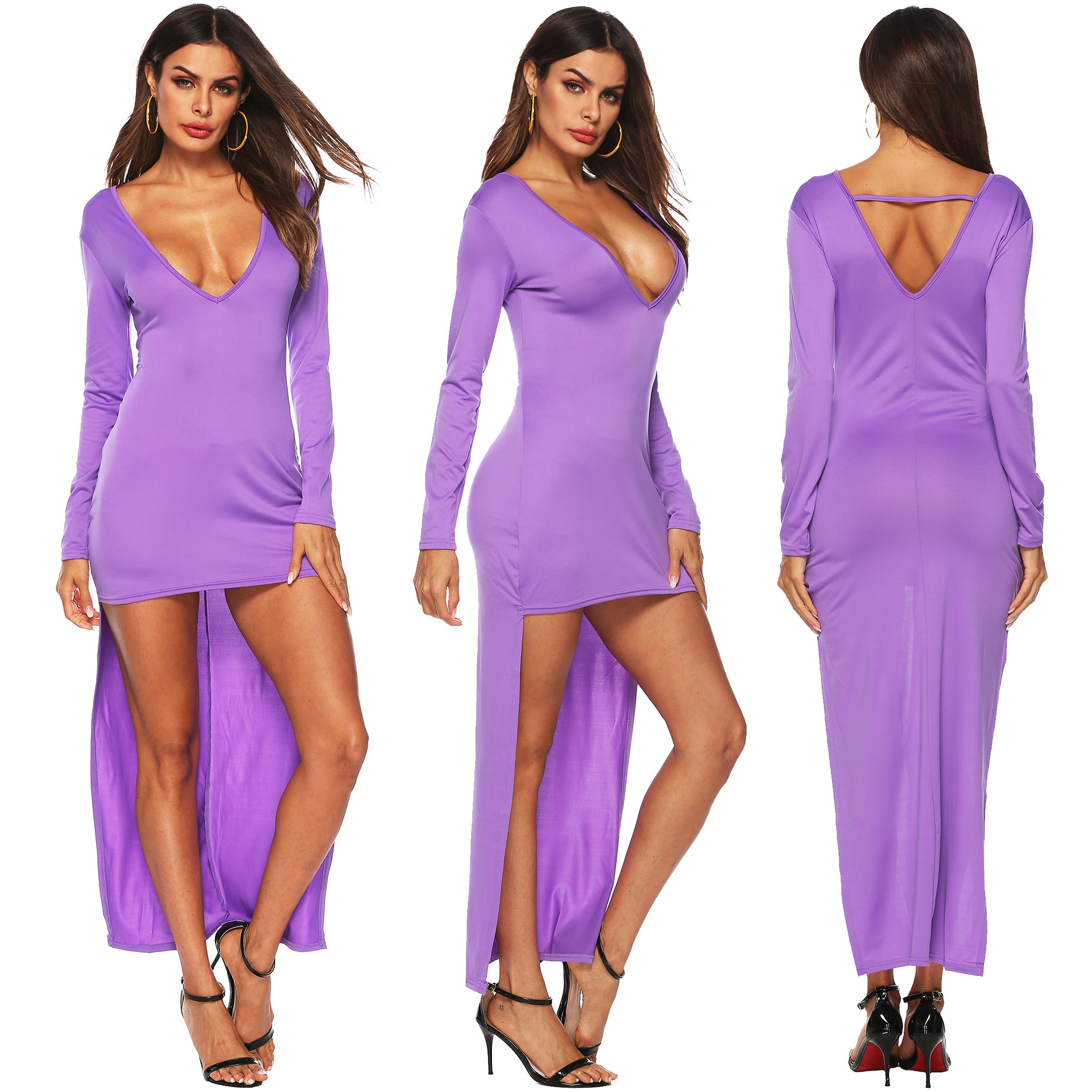 Solid Color Irregular Hem Deep V Backless Dress Bodycon Style Short Front Long Back Elegant Evening Wear Wholesale