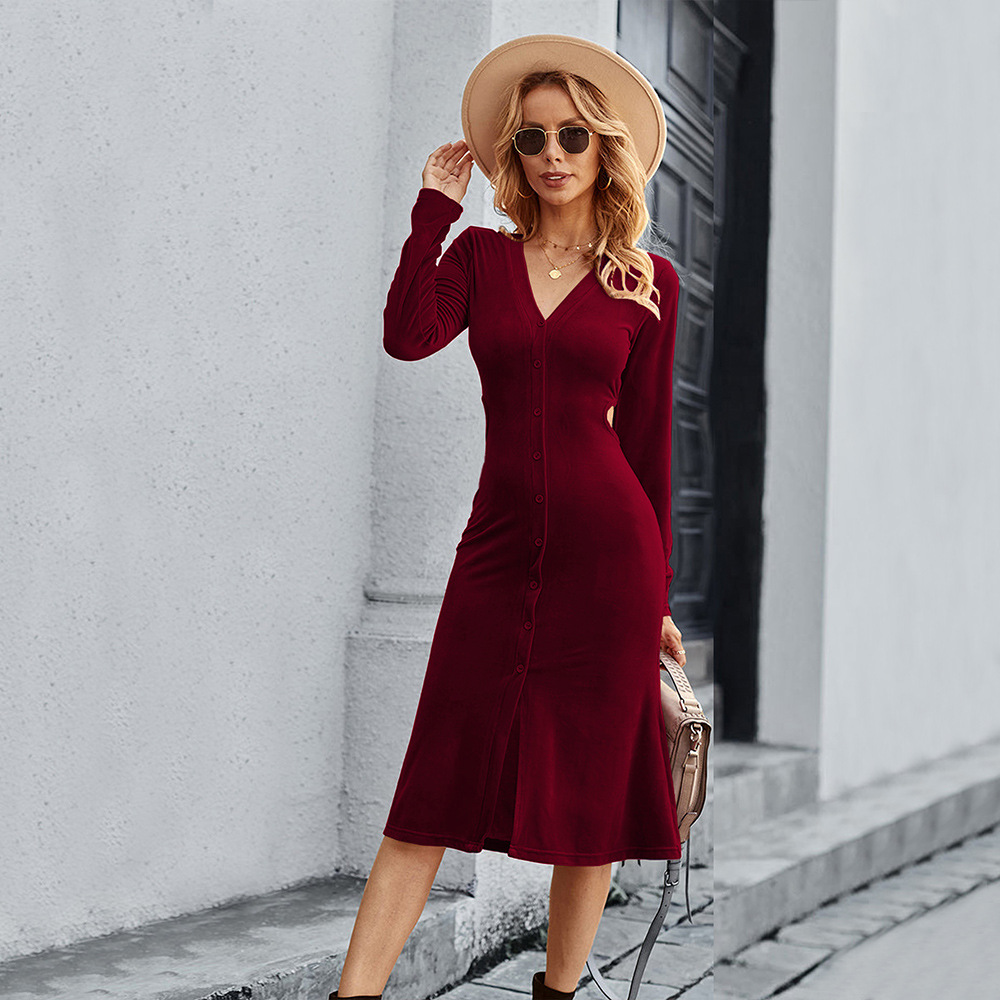 V Neck Midi Dress Elegant Burgundy Color Soft Korean Velvet Autumn Winter Style Wholesale Available